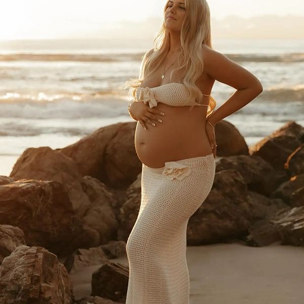 Crop- Sheer Two Pieces Sets 3D Flowers Maternity Maxi Dress