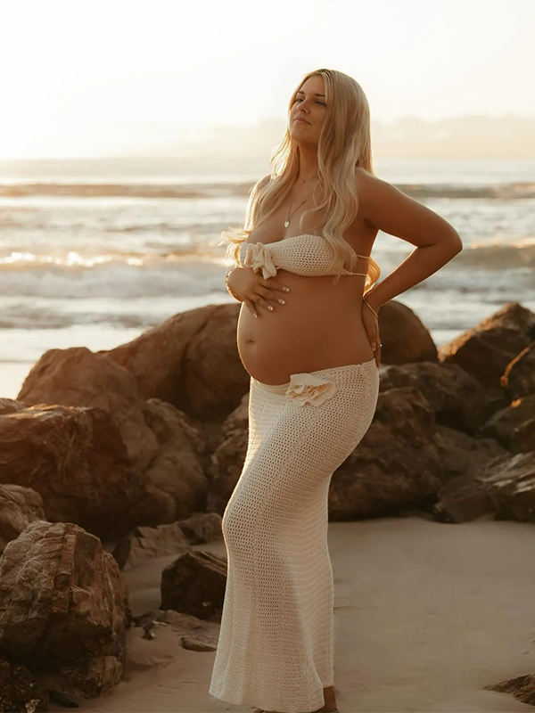 Crop- Sheer Two Pieces Sets 3D Flowers Maternity Maxi Dress