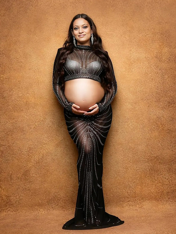 Crop-Mesh Sheer Photoshoot Maternity Maxi Dress
