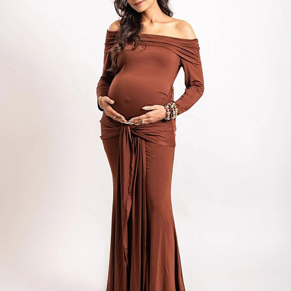 Chic- Bodycon Off Shoulder Long Sleeves Maternity Phootshoot Maxi Dress