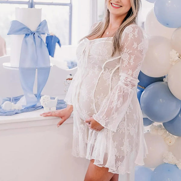Lace- White Long Bell Sleeves Bodycon Maternity Mini Dress