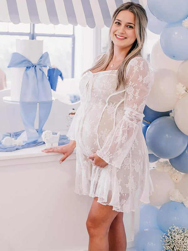 Lace- White Long Bell Sleeves Bodycon Maternity Mini Dress