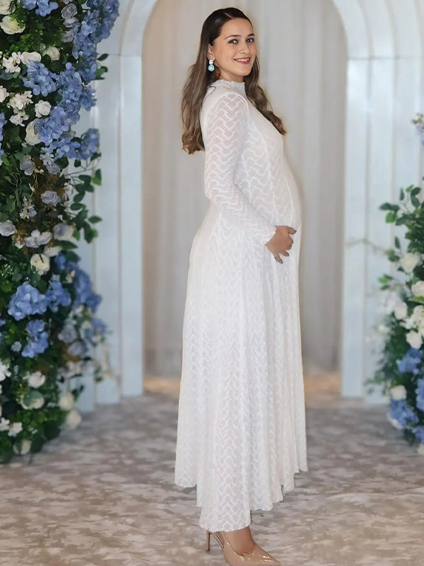Chic-White Long Sleeve A-Line Maternity Maxi Dress
