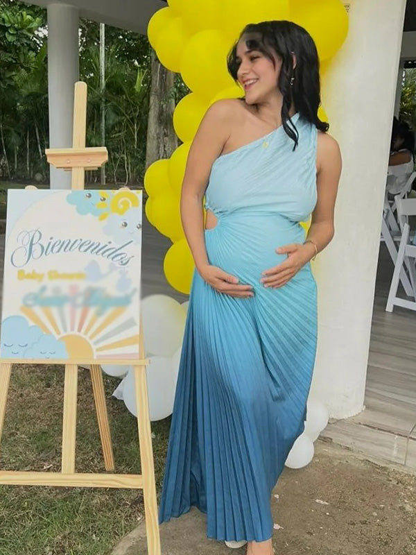 Chic-Blue Gradient Off-Shoulder Pleated Full-Skirt Maternity Maxi Dress