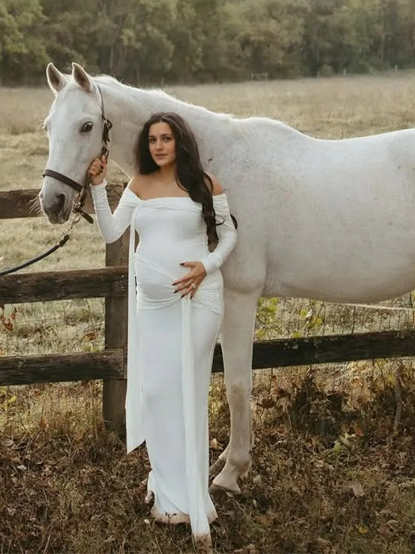 Chic- White Bodycon Off-the-Shoulder Tie-Detail Long-Sleeve Maternity Maxi Dress