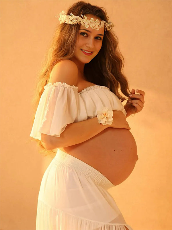 Crop- Boho Two-Piece Ruffle Sleeves Maternity Photoshoot Maxi