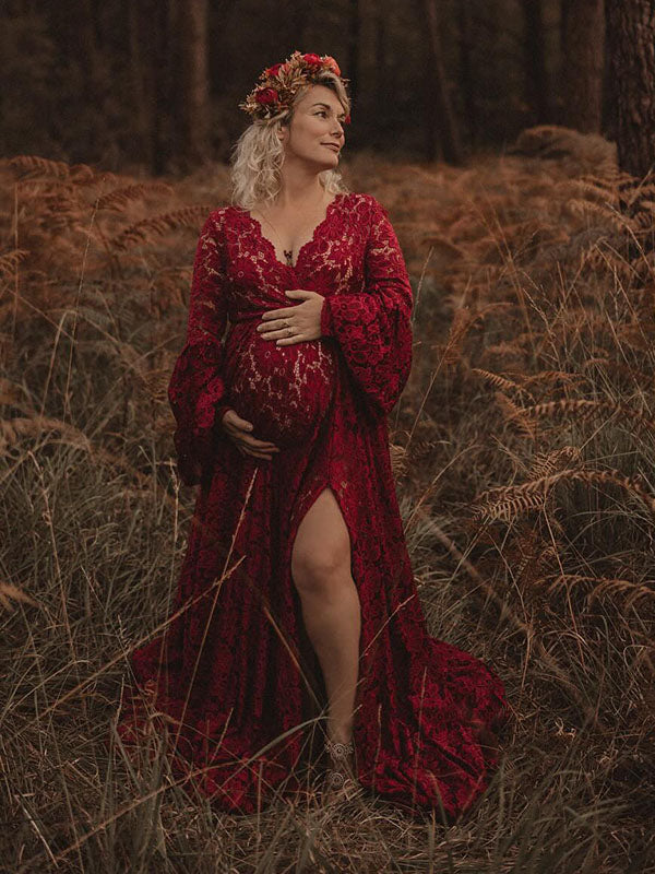 Lace- Boho Flare Sleeve Maternity Shoot Maxi Dress