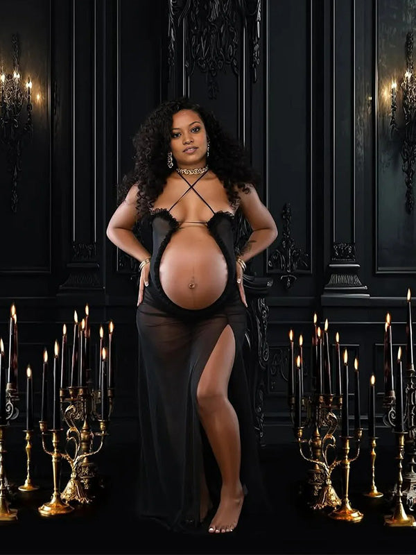 Crop-Mesh Sheer Cami Photoshoot Maternity Maxi Dress
