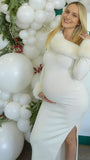 Chic-White Faux Fur-trimmed Off-the-shoulder Bodycon Maternity Party Dress