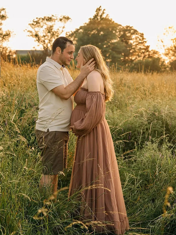 Chic-  Vintage Off Shoulder Puff sleeve Maternity Photoshoot Gown