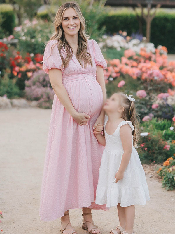 Casualwear-Puff Sleeve Linen Maternity Maxi Dress