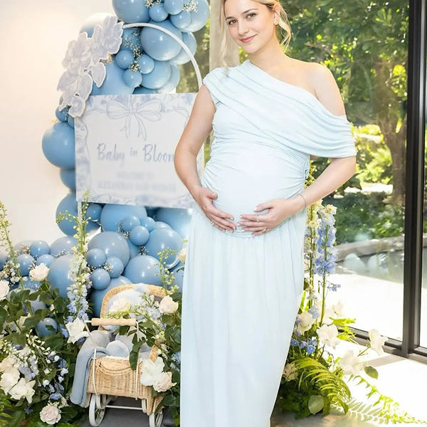 Chic-Light Blue One-Shoulder Ruffled Asymmetrical Maternity Maxi Dress