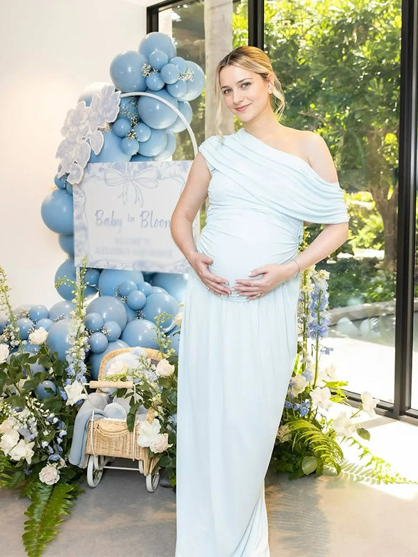 Chic-Light Blue One-Shoulder Ruffled Asymmetrical Maternity Maxi Dress