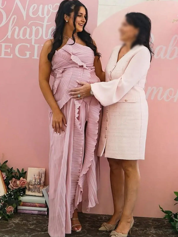 Chic-Pink Asymmetric Ruffle Pleated Maternity Maxi Dress