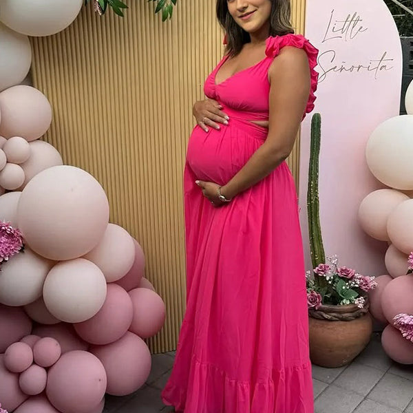 Chic-Ruffle Crisscross Back Maternity Maxi Dress