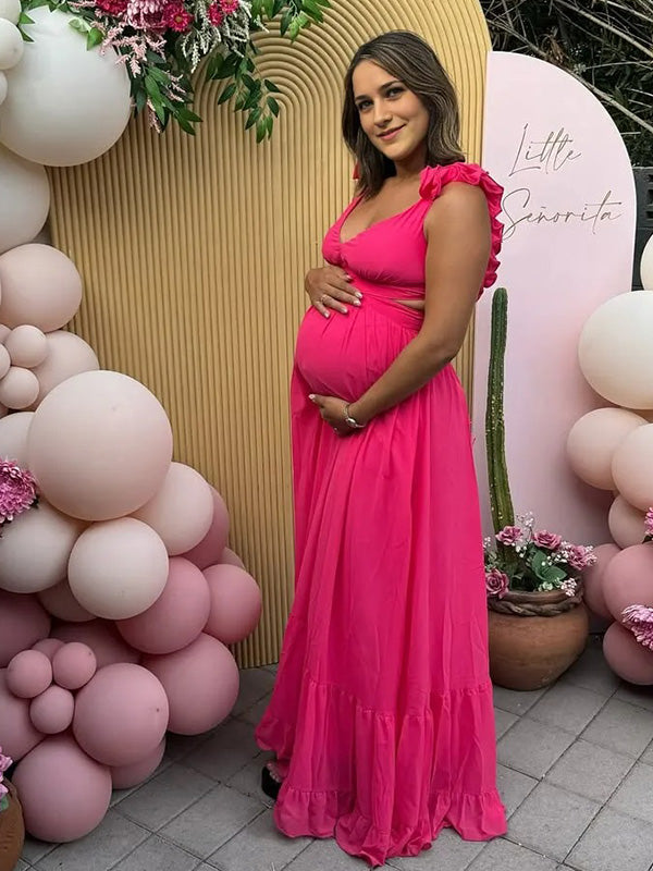 Chic-Ruffle Crisscross Back Maternity Maxi Dress