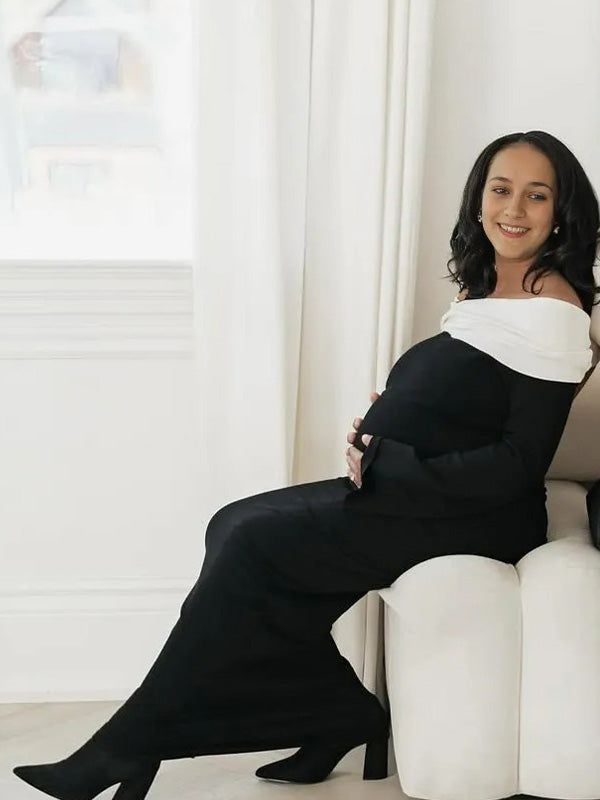 Chic-White and Black Off Shoulder Contrast Fold Maternity Maxi Dress