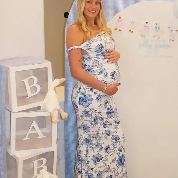 Casualwear- Bodycon Off-Shoulder Ruffle-Hem Printed Maternity Dress