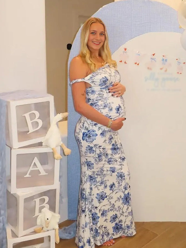 Casualwear- Bodycon Off-Shoulder Ruffle-Hem Printed Maternity Dress