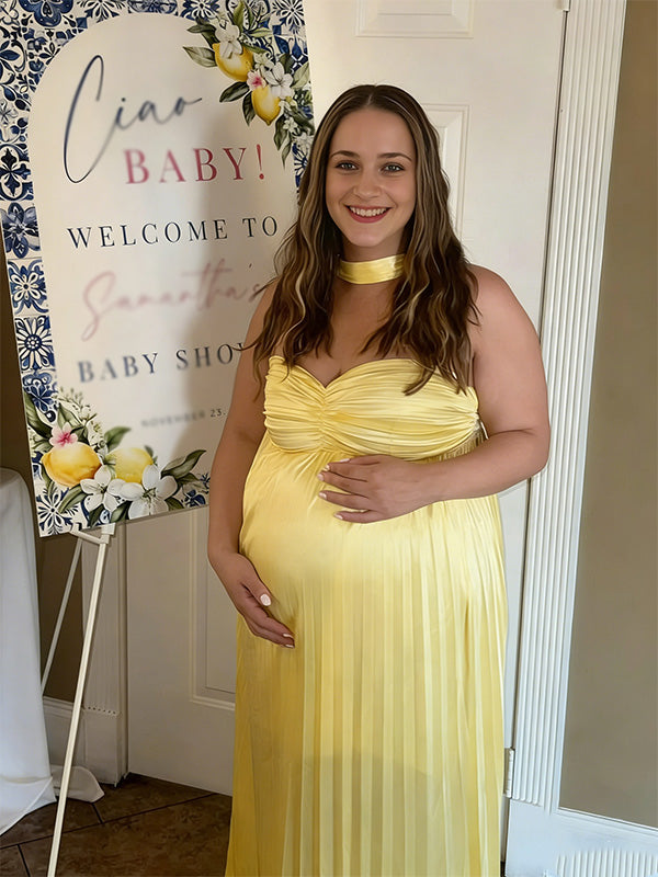 Chic-Light Yellow Off-Shoulder Pleated Maternity Maxi Dress