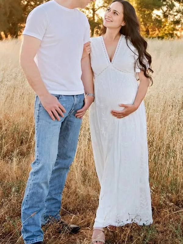 Lace-White Embroidery Maternity Photoshoot Maxi Dress