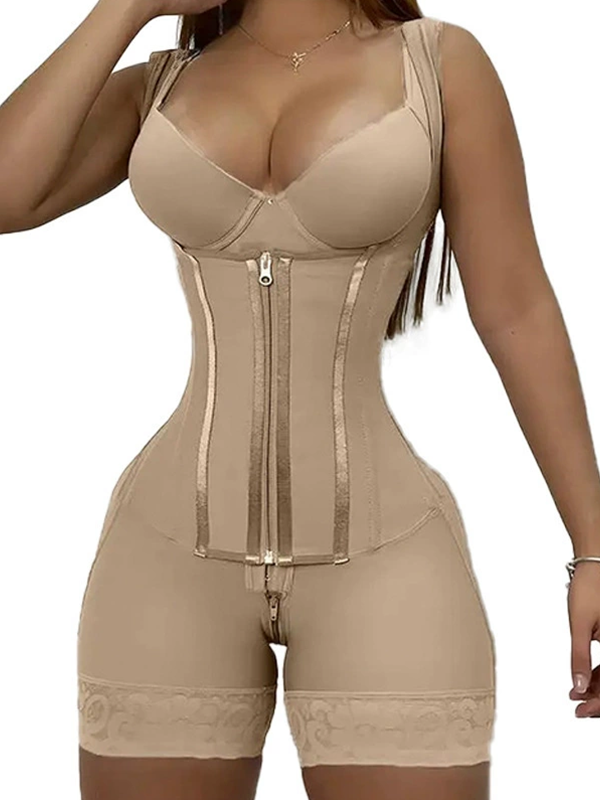 Bumplook Lace Splicing Zipper Close One-piece Body Shaper Tummy Control Bodysuit