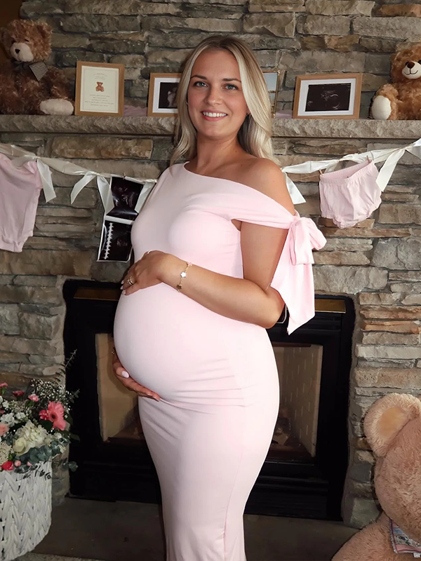 Chic-Pink Bowknot Off Shoulder Fitted Baby Shower Maternity Maxi Dress
