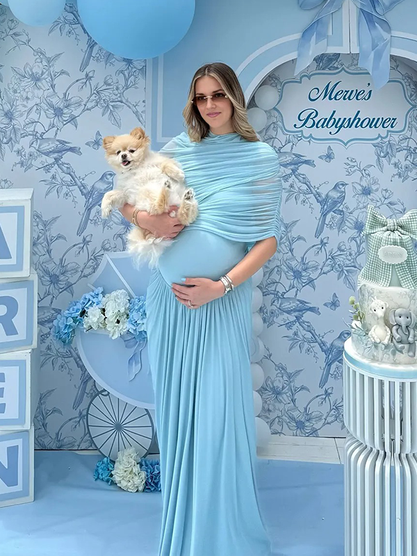 Chic-Blue Ruched Fitted Baby Shower Maternity Maxi Dress