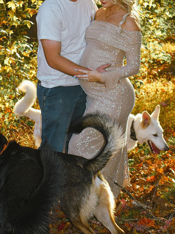 Sparking- Off Shoulder Bodycon Photoshoot Maternity Maxi Dress