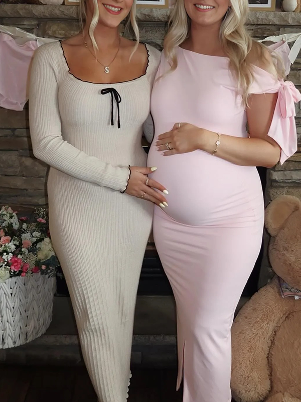 Chic-Pink Bowknot Off Shoulder Fitted Baby Shower Maternity Maxi Dress
