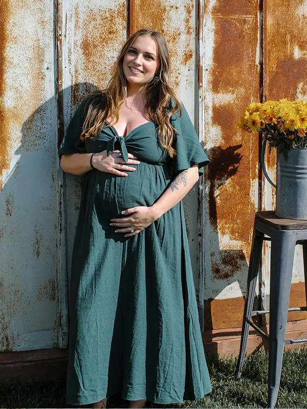 Chic-Green Bowknot Lace-up Photoshoot Maternity Maxi Dress