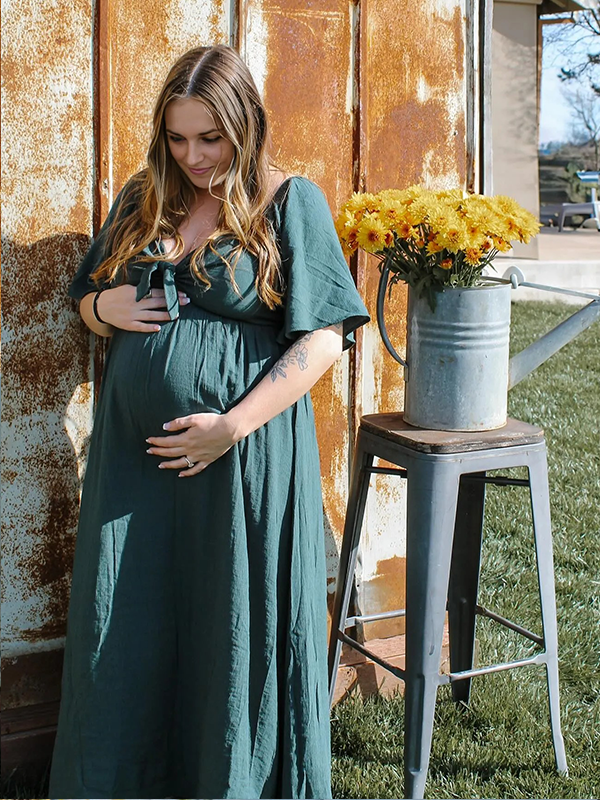 Chic-Green Bowknot Lace-up Photoshoot Maternity Maxi Dress