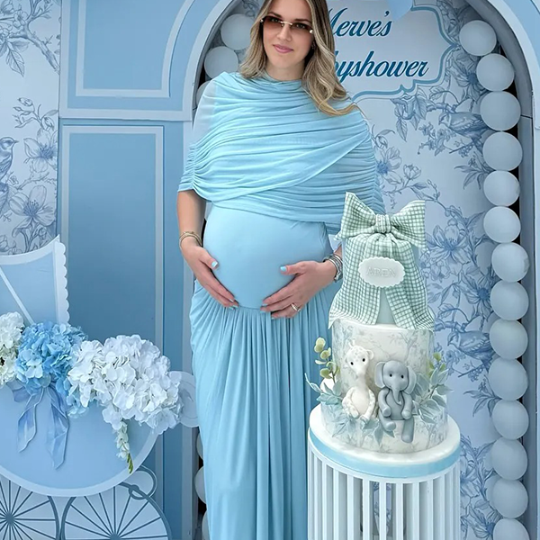 Chic-Blue Ruched Fitted Baby Shower Maternity Maxi Dress