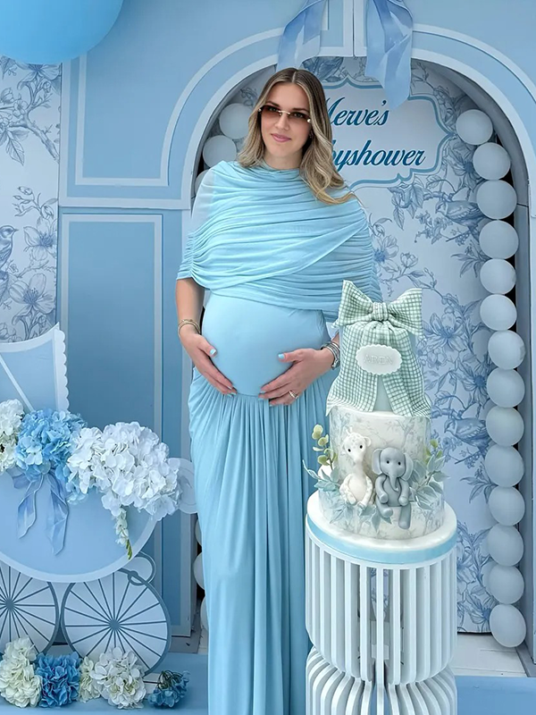 Chic-Blue Ruched Fitted Baby Shower Maternity Maxi Dress