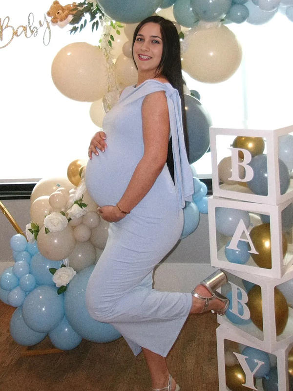 Chic-Bowknot Light Blue Off Shoulder Fitted Baby Shower Maternity Maxi Dress