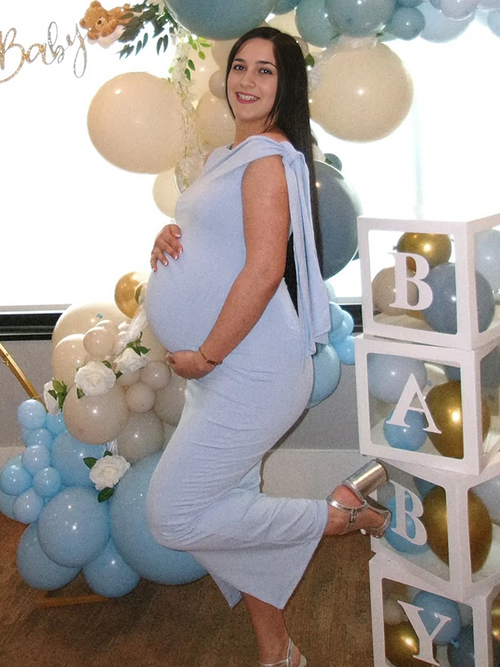 Chic-Bowknot Light Blue Off Shoulder Fitted Baby Shower Maternity Maxi Dress