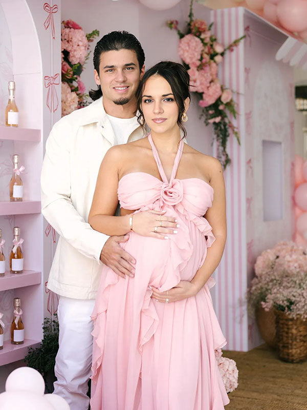 Chic-Ruffle Halter Neck Maternity Maxi Dress