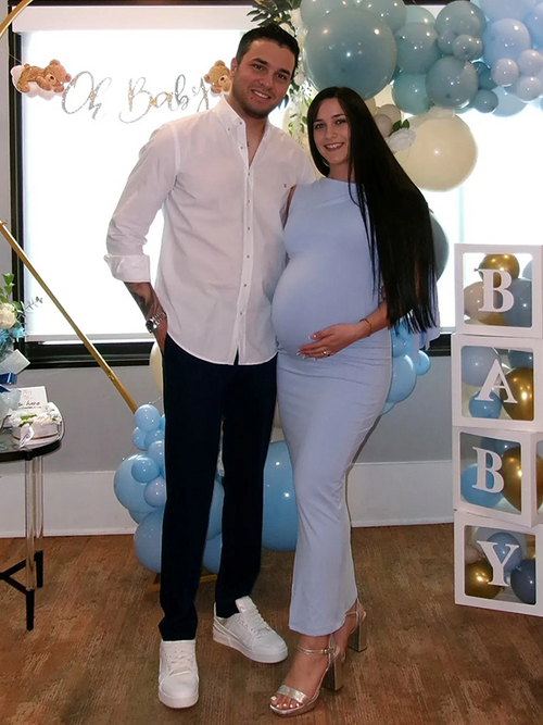 Chic-Bowknot Light Blue Off Shoulder Fitted Baby Shower Maternity Maxi Dress