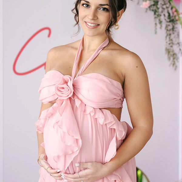 Chic-Ruffle Halter Neck Maternity Maxi Dress
