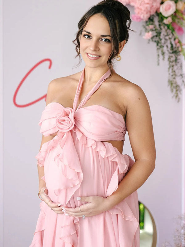 Chic-Ruffle Halter Neck Maternity Maxi Dress
