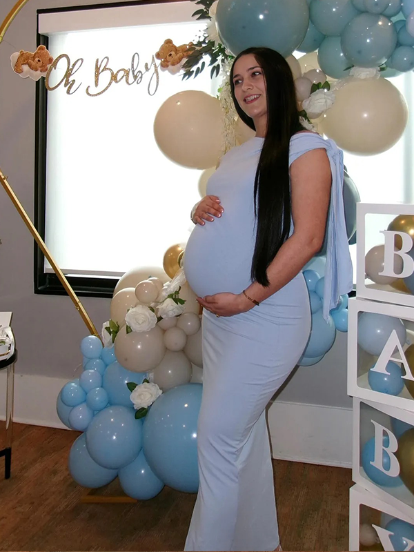 Chic-Bowknot Light Blue Off Shoulder Fitted Baby Shower Maternity Maxi Dress