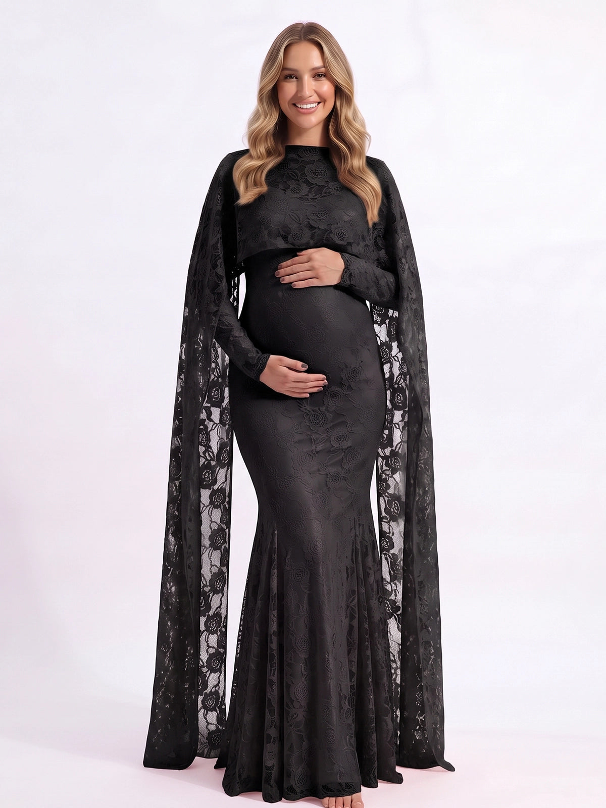 Black Floral Lace Maternity Maxi Dress with Cape