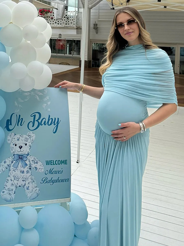 Chic-Blue Ruched Fitted Baby Shower Maternity Maxi Dress