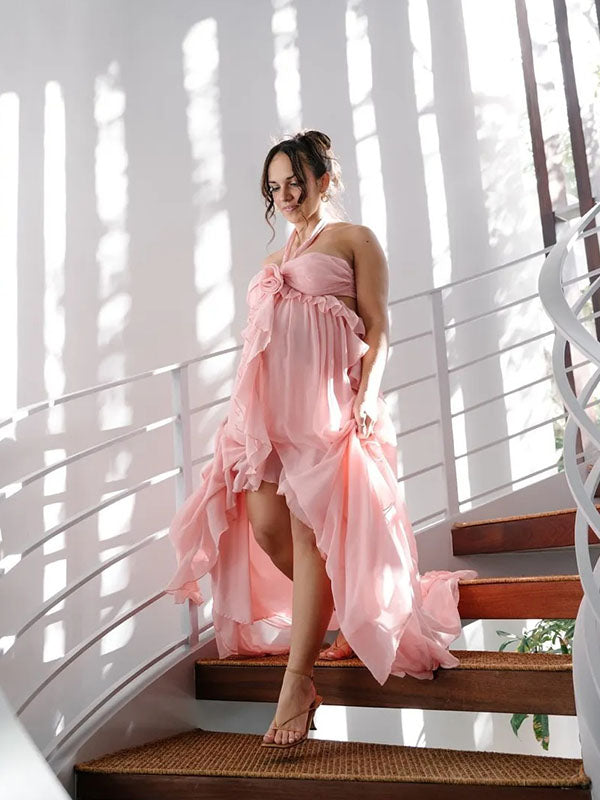 Chic-Ruffle Halter Neck Maternity Maxi Dress