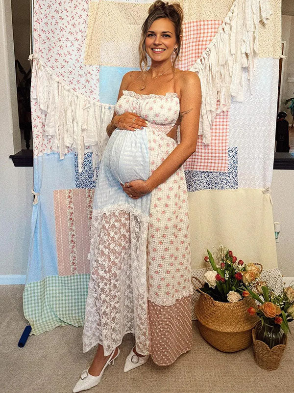 Casualwear-Lace Splicing Halter Neck Maternity Dress