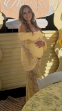 Lace-Off Shoulder Sheer Ruched Bodycon Maternity Maxi Dresss