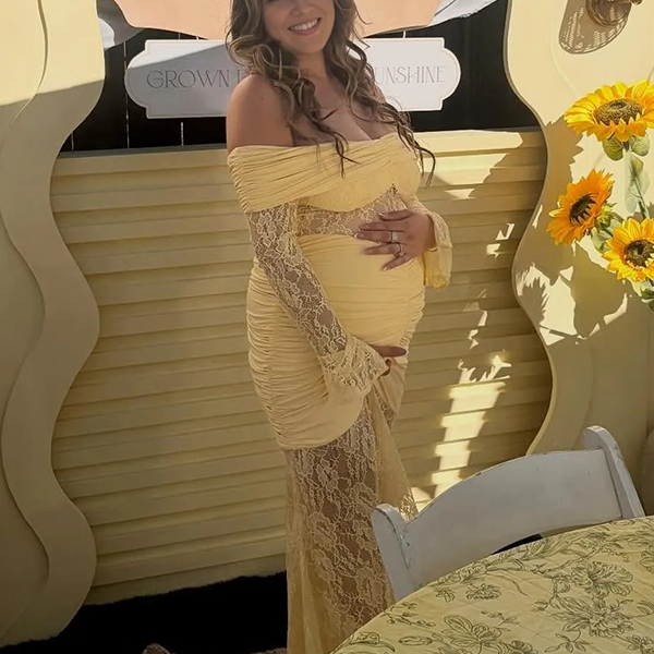Lace-Off Shoulder Sheer Ruched Bodycon Maternity Maxi Dresss