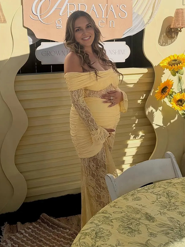 Lace-Off Shoulder Sheer Ruched Bodycon Maternity Maxi Dresss