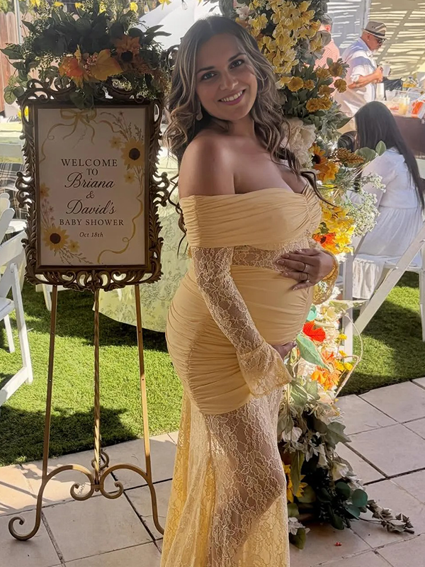 Lace-Off Shoulder Sheer Ruched Bodycon Maternity Maxi Dresss