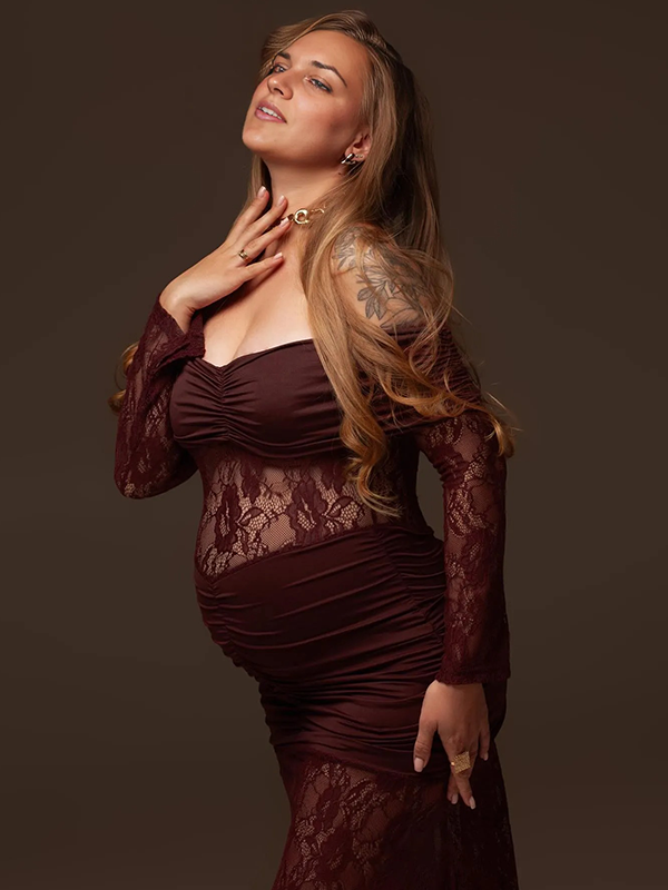 Lace- Off Shoulder Ruched Sheer Maternity Maxi Dress